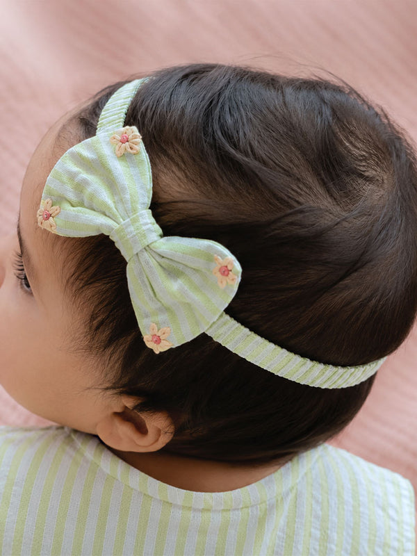 Girls Embroidered Lime Green and White Classic Bow Headband - Home Sweet Home