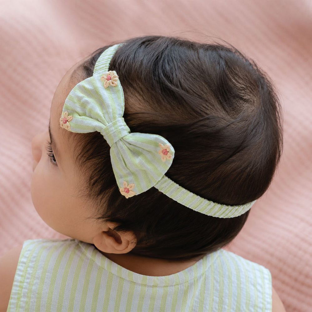 Girls Embroidered Lime Green and White Classic Bow Headband - Home Sweet Home