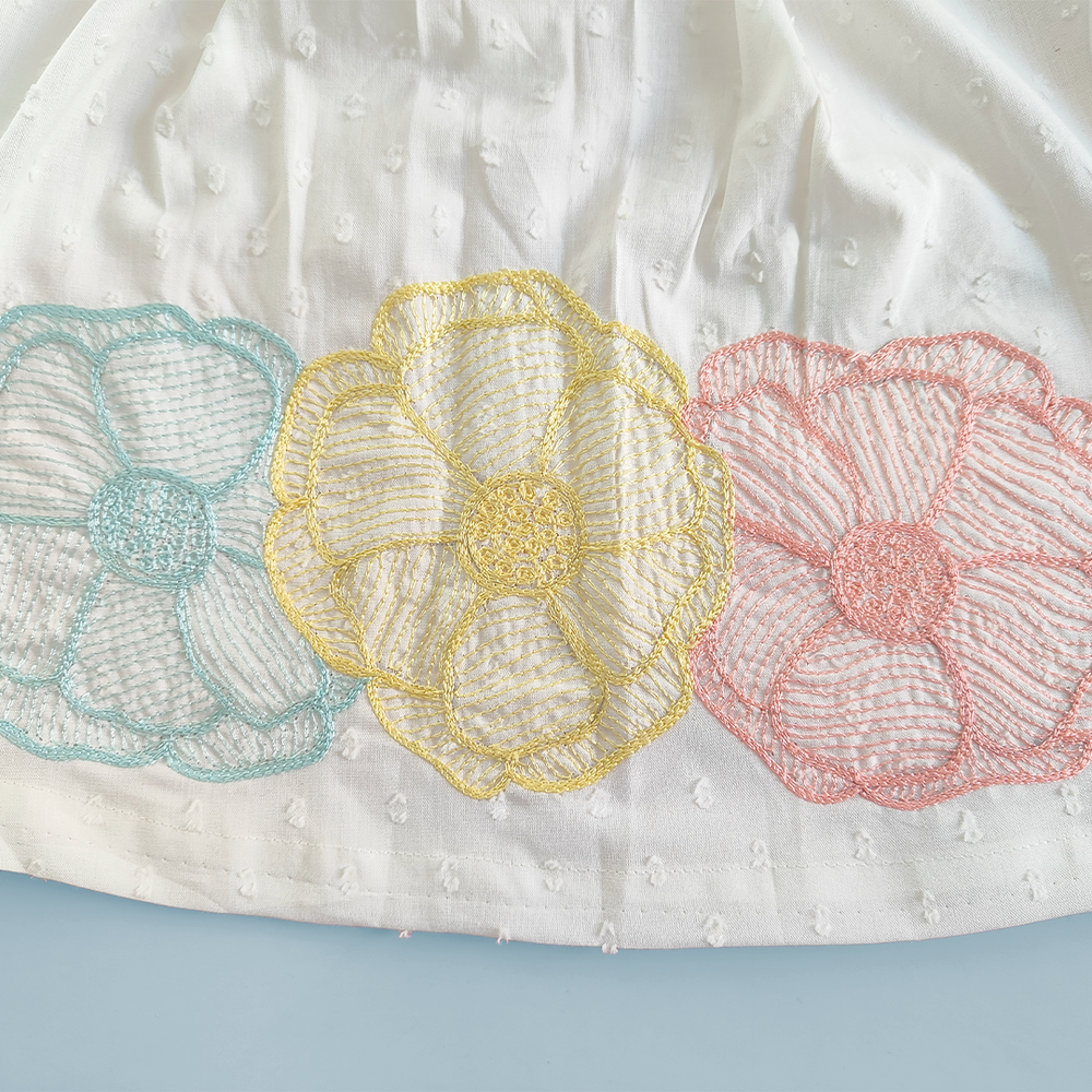Textured Puff Sleeve Embroidered Dress - Flowers