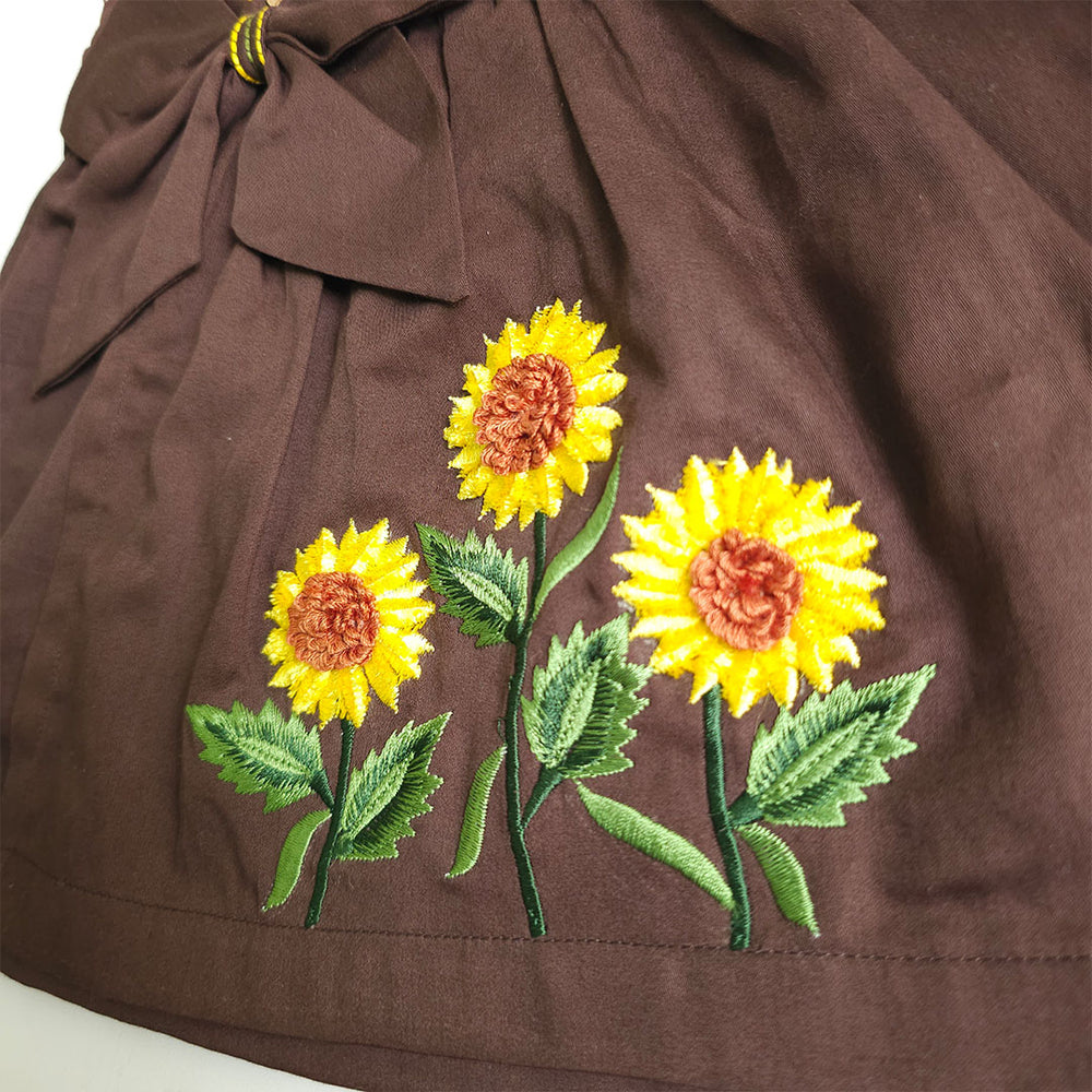 Embroidered Brown Overlap Dress - Sunflowers
