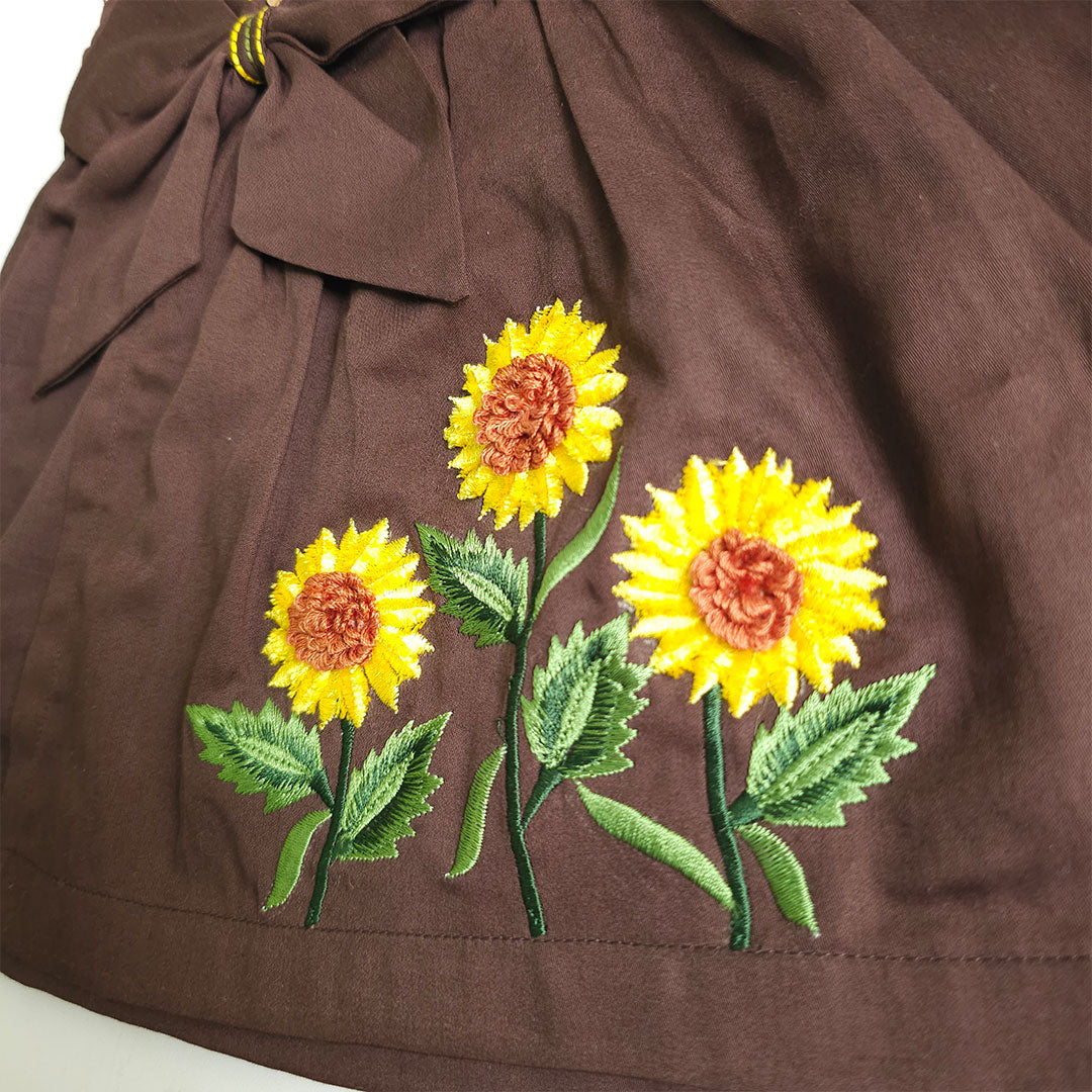 Keebee Organic Cotton Embroidered Girls Brown Overlap Dress - Sunflowers