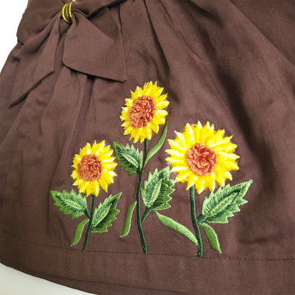 Embroidered Brown Overlap Dress - Sunflowers