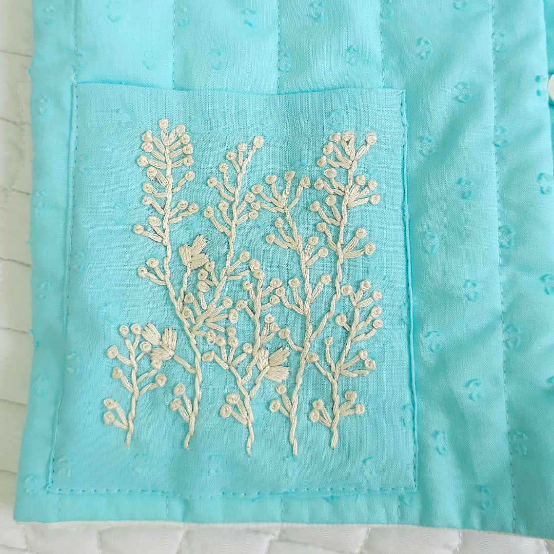 Keebee Organic Cotton Embroidered Turquoise Blue Quilted Vest with Pockets - Frosty Plants