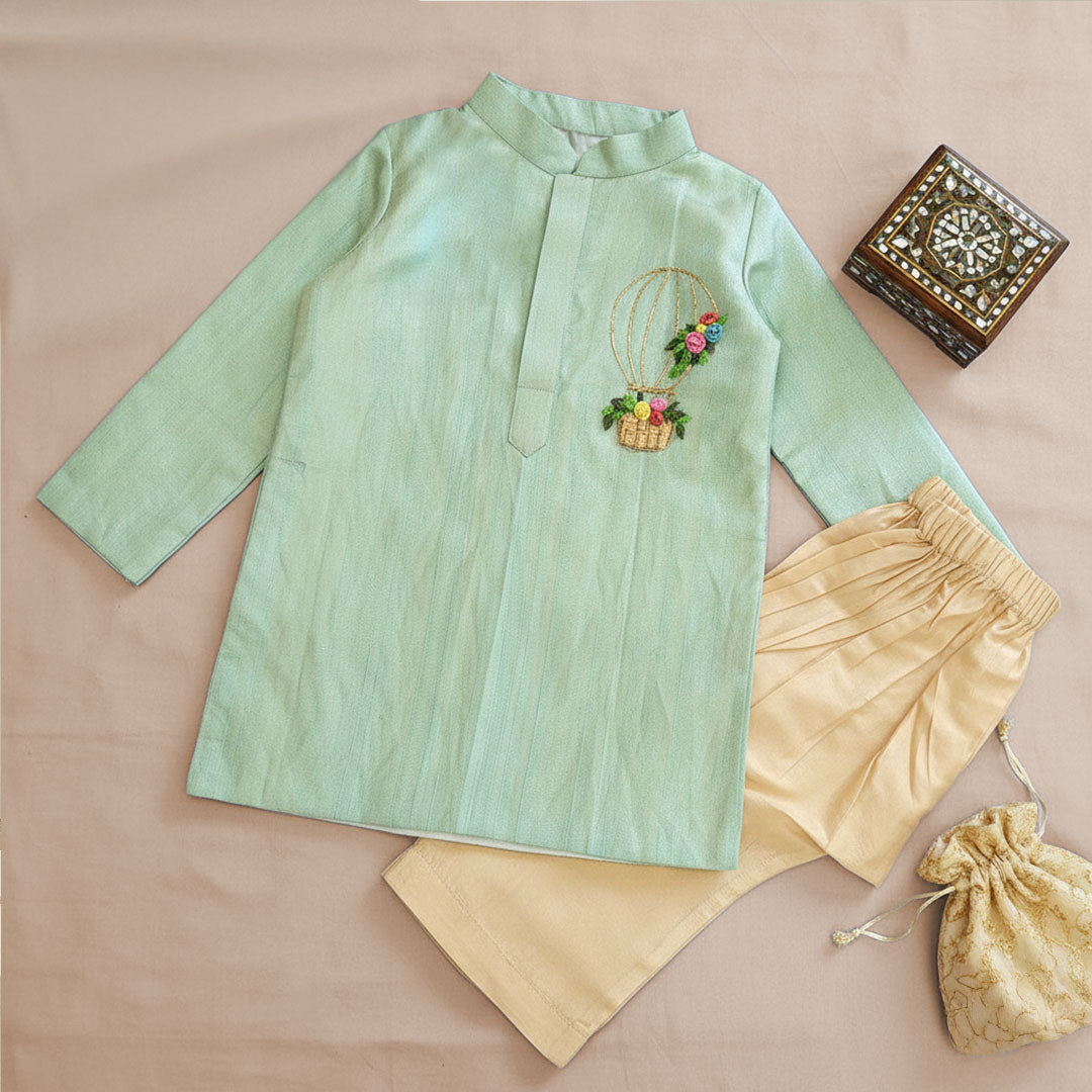 Keebee Pure Silk Embroidered Pastel Green Kurta and Beige Pajama Pants Set - Hot Air Balloon