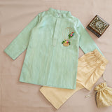 Boys Handloom Raw Silk Embroidered Pastel Green Kurta and Pajama Pants Set - Hot Air Balloon