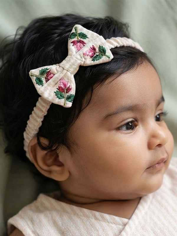 Girls Embroidered Beige and White Classic Bow Headband - Pink Bloom