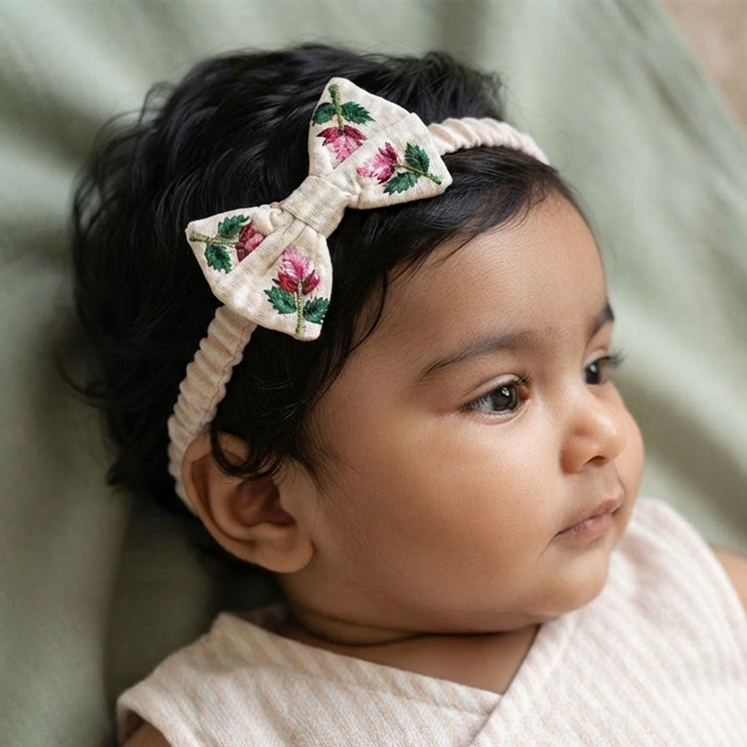 Girls Embroidered Beige and White Classic Bow Headband - Pink Bloom