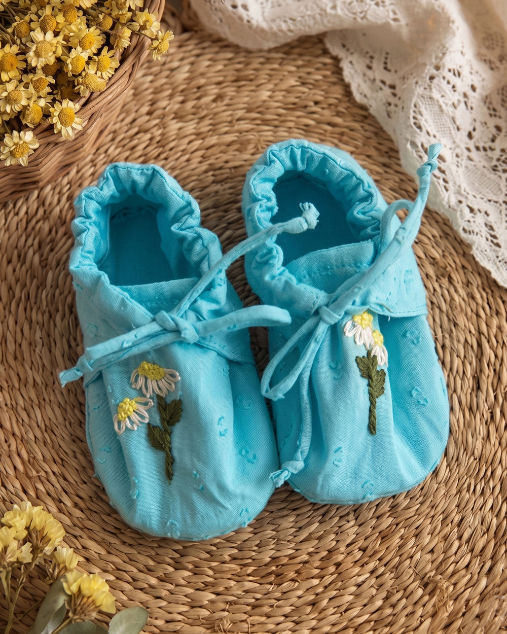 Baby Unisex Embroidered Turquoise Blue Tie-Up Style Baby Booties – Flower Garden