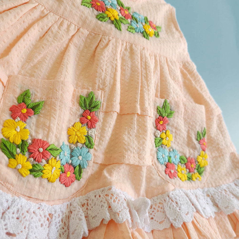 Keebee Organic Cotton Hand Embroidered Peach Baby Girl Peony Dress