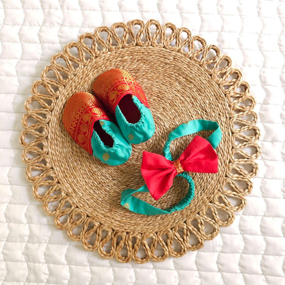 Baby Girl Handloom Raw Silk Ethnic Maxi Dress and Accessories Set - Red and Green