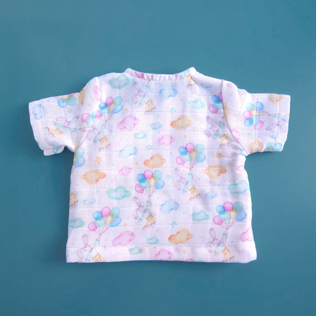 Keebee Organic Cotton Muslin Printed White Jabla, Diaper Pants and Accessories Set - Bunny with Balloons