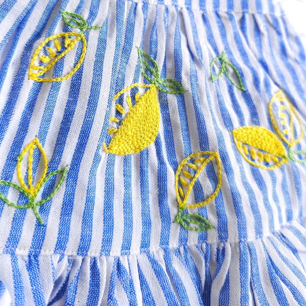 Newborn Baby Girl Embroidered Blue and White Wrap Dress - Lemons and Leaves
