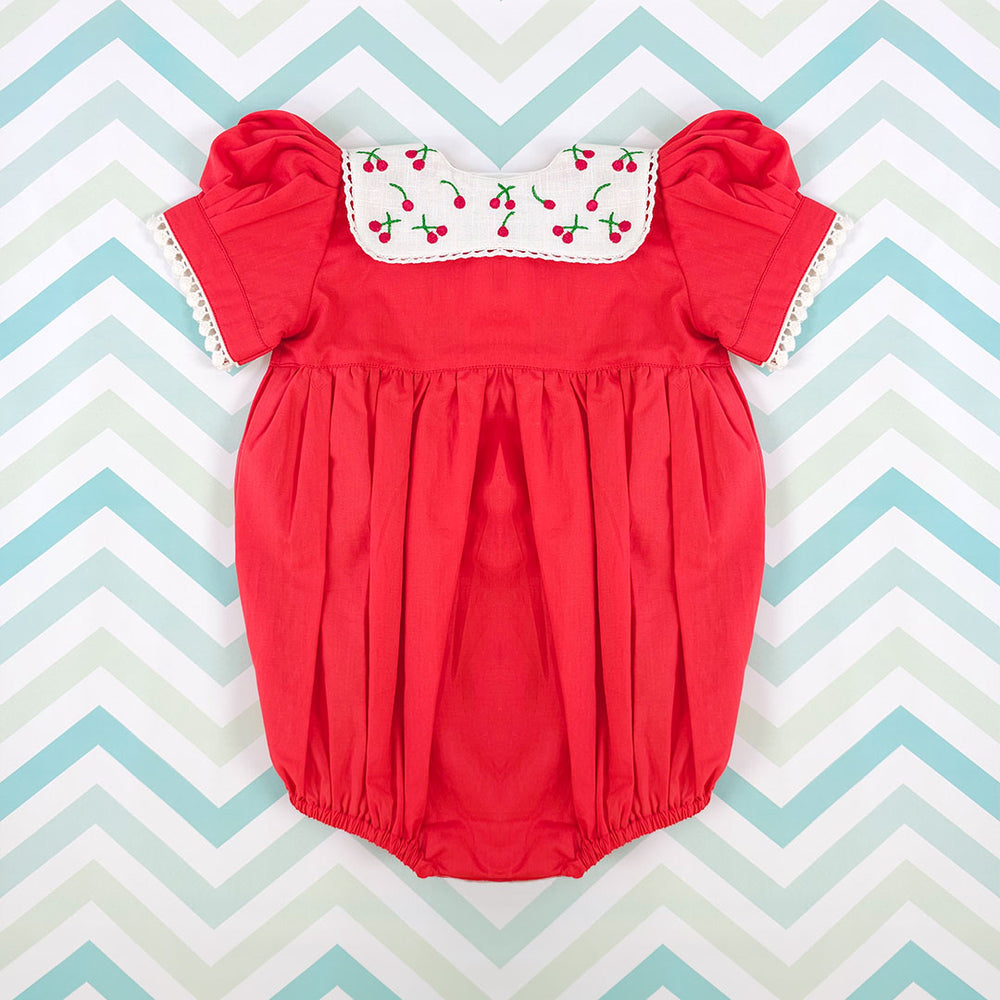 Puff Sleeve Laced Romper - Red Cherry