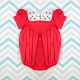 Puff Sleeve Laced Romper - Red Cherry