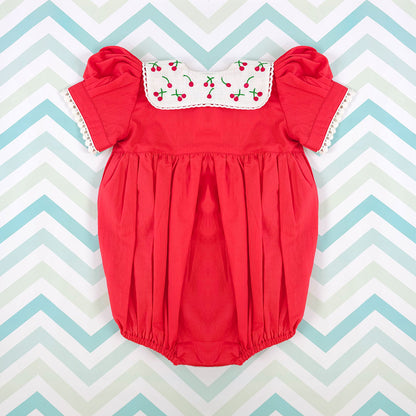 Puff Sleeve Laced Romper - Red Cherry