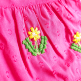 Newborn Baby Girl Embroidered Hot Pink Wrap Dress with Puffed Sleeves - Yellow Bloom
