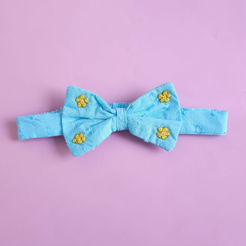 Turquoise Blue Embroidered Classic Bow Girls Headband - Garland of Flowers