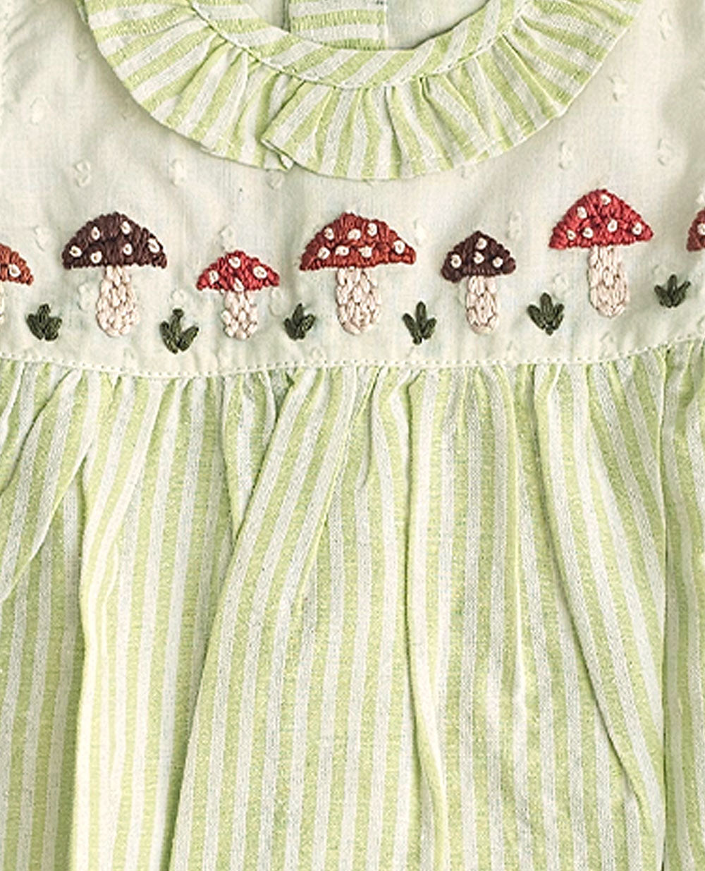 Baby Girl Embroidered Green and White Romper with Flutter Sleeves - Mushrooms