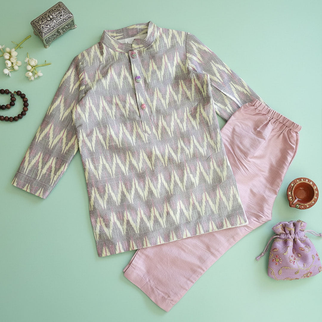 Keebee Pure Silk Pastel Ikat Kurta and Baby Pink Pajama Pants Set