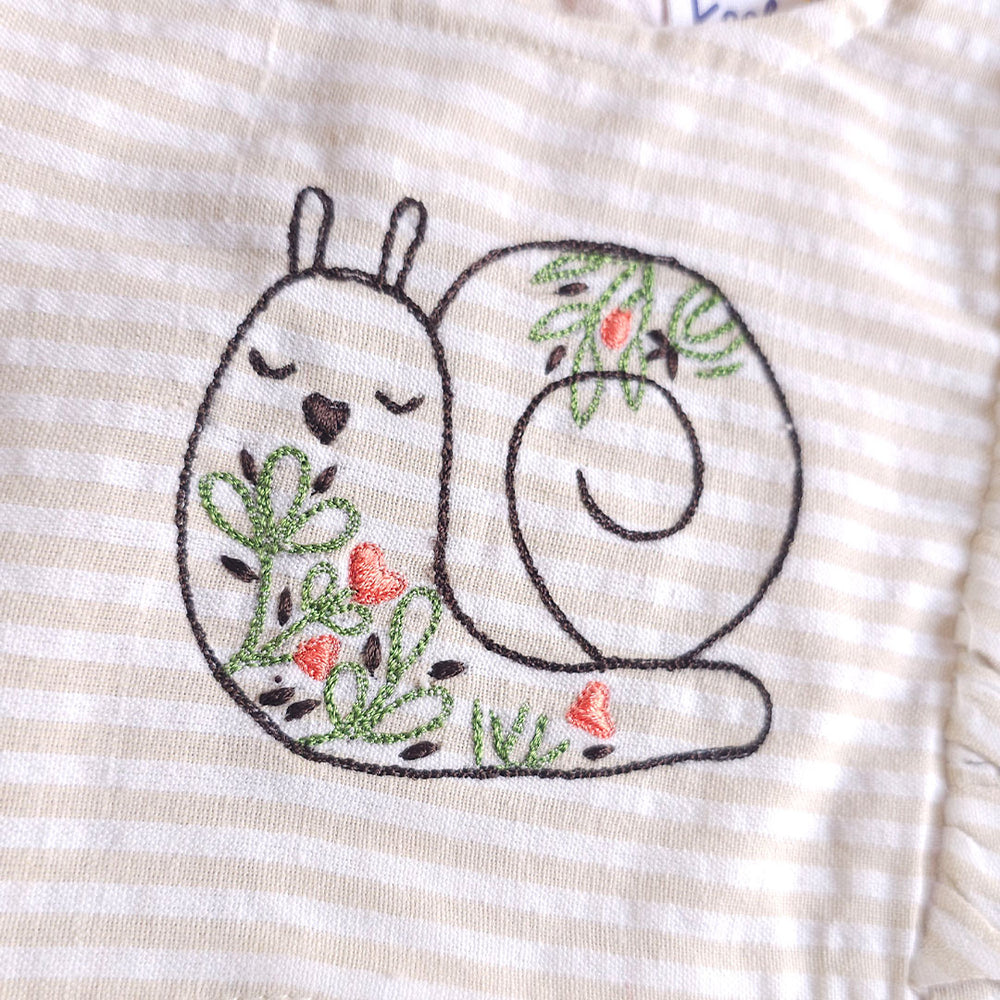 Baby Girl Embroidered Beige and White Romper with Ruffles - Garden Snail