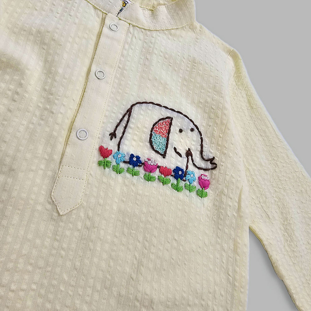 Boys Hand Embroidered Yellow Kurta paired with Pajama Pants - Elephant