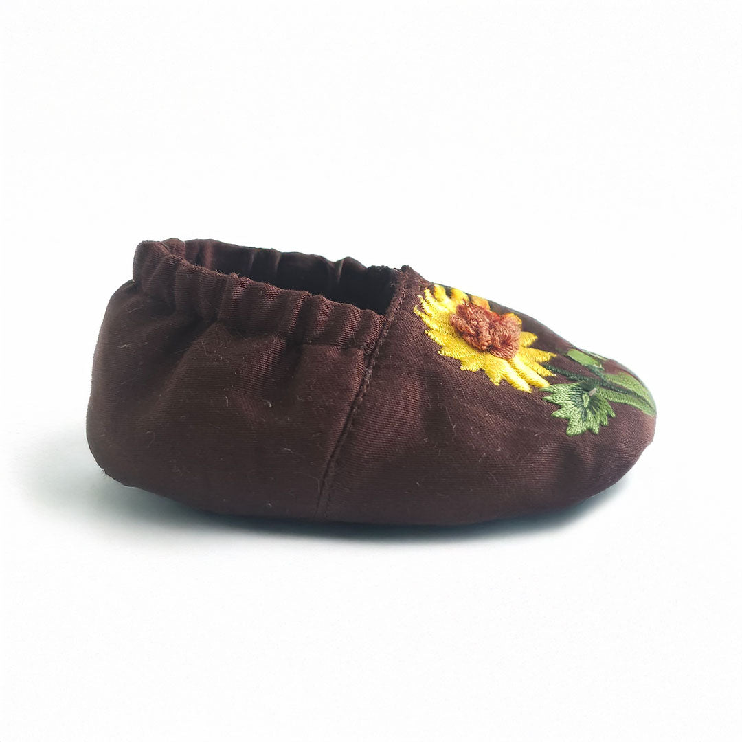 Keebee Organic Cotton Choco Brown Embroidered Baby Shoes - Sunflowers