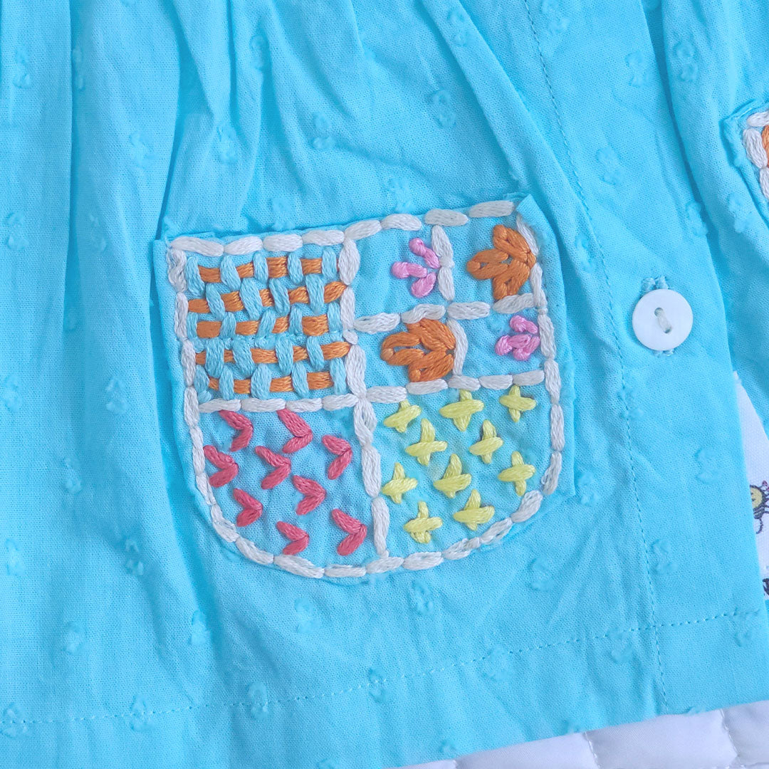 Keebee Organic Cotton Embroidered Newborn Baby Girl Turquoise Blue Button Up Dress - Pockets