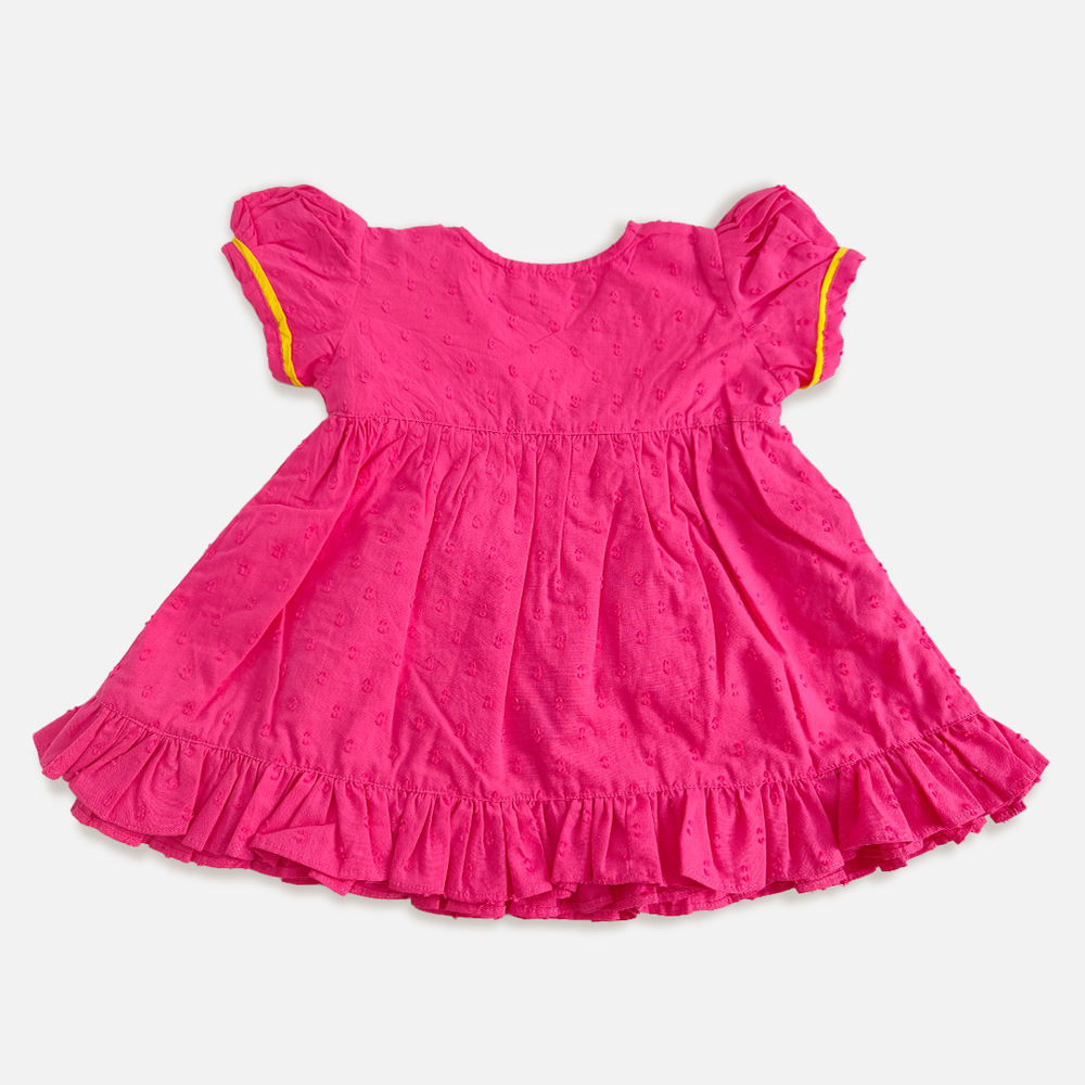 Baby Girl Embroidered Hot Pink Wrap Dress - Yellow Bloom