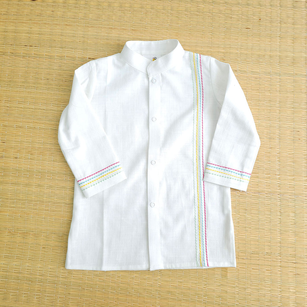 Baby Boy Embroidered White Kurta paired with Green Patiala Pants - Stripes