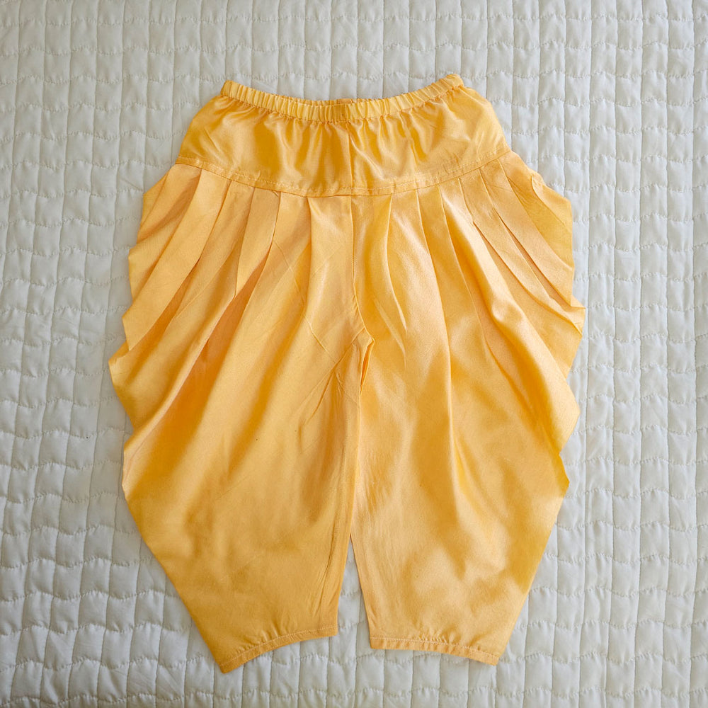 Boys Handloom Raw Silk Blue Ikat Kurta and Golden Yellow Dhoti Salwar Pants Set
