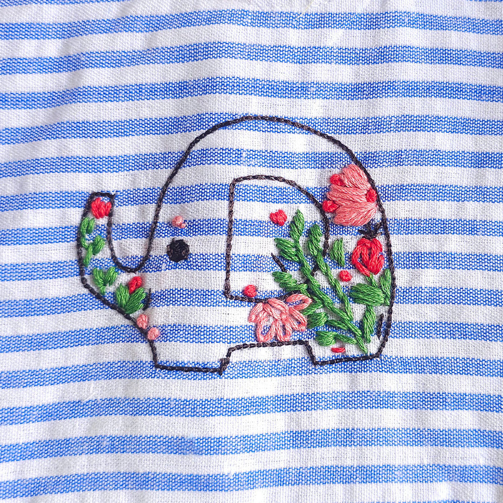Baby Girl Embroidered Blue and White Romper with Ruffles - Elephant in the Bloom