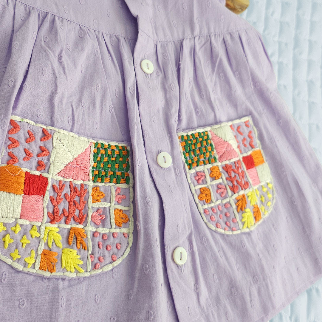 Keebee Organic Cotton Embroidered Baby Girl Lilac Button Up Dress and Bloomer Set - Pockets