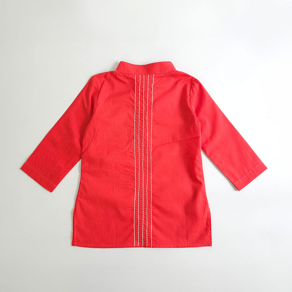 Baby Boy Embroidered Red Kurta paired with Pajama Pants - Tiger