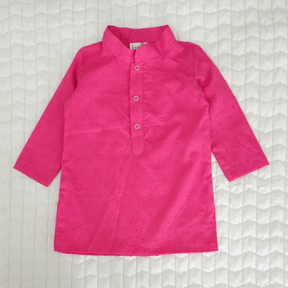 Boys Floral Embroidered Jacket Kurta and White Pajama Pants Set - Hot Pink