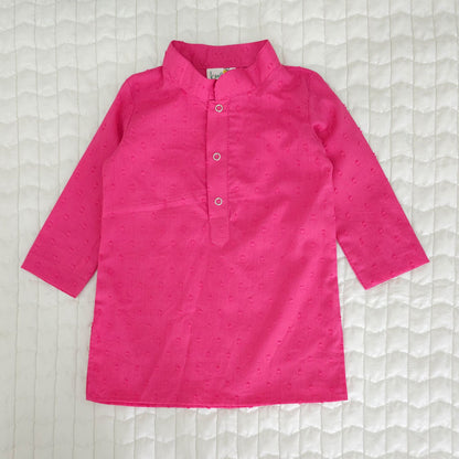 Floral Embroidered Jacket Kurta and White Pajama Pants Set - Hot Pink