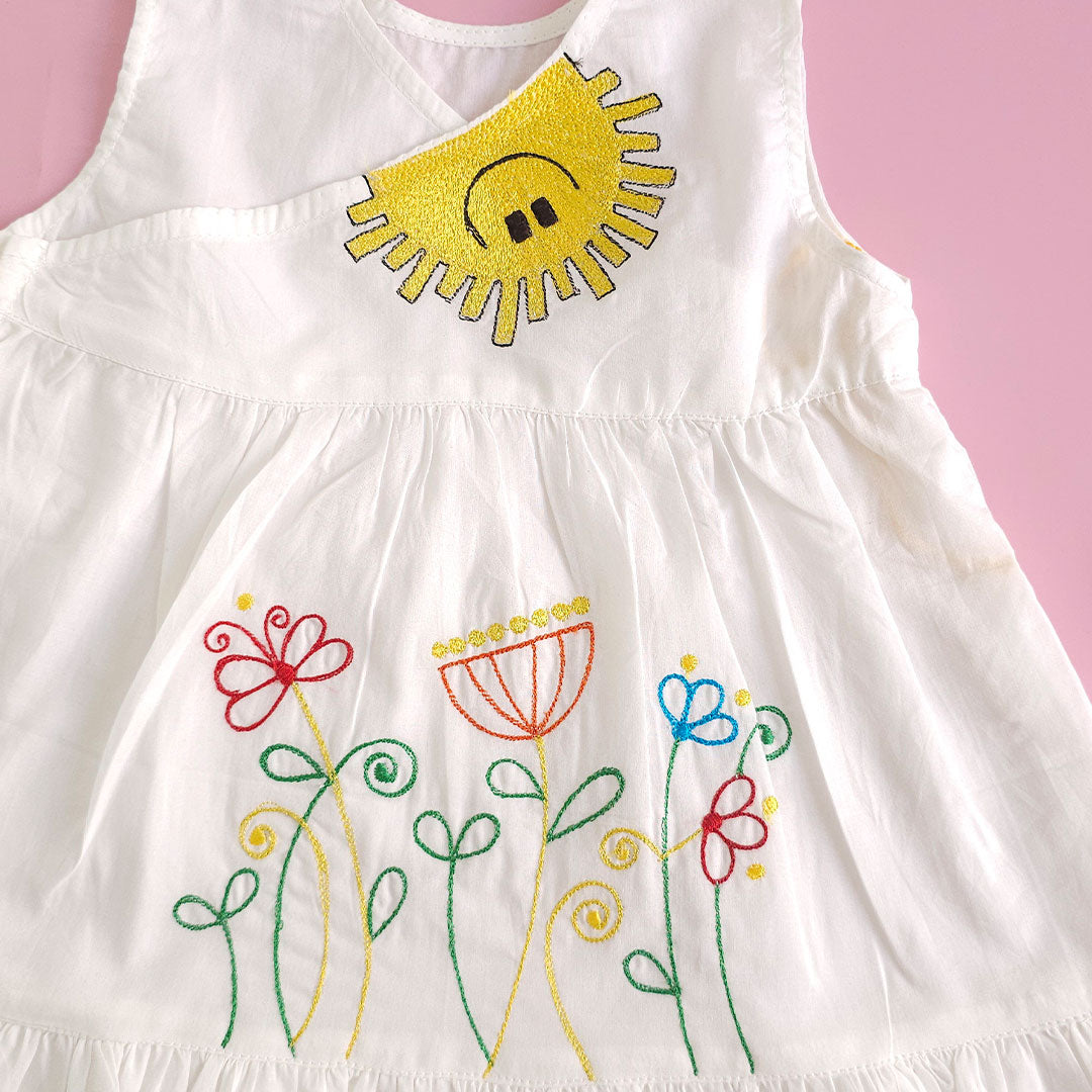 Keebee Organic Cotton Baby Girl Embroidered White Dress and Accessories Set - Sunny Garden