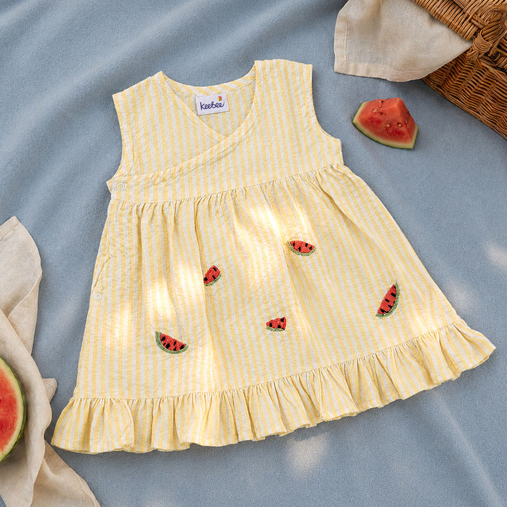 Baby Girl Embroidered Yellow and White Wrap Dress - Sweet Watermelons