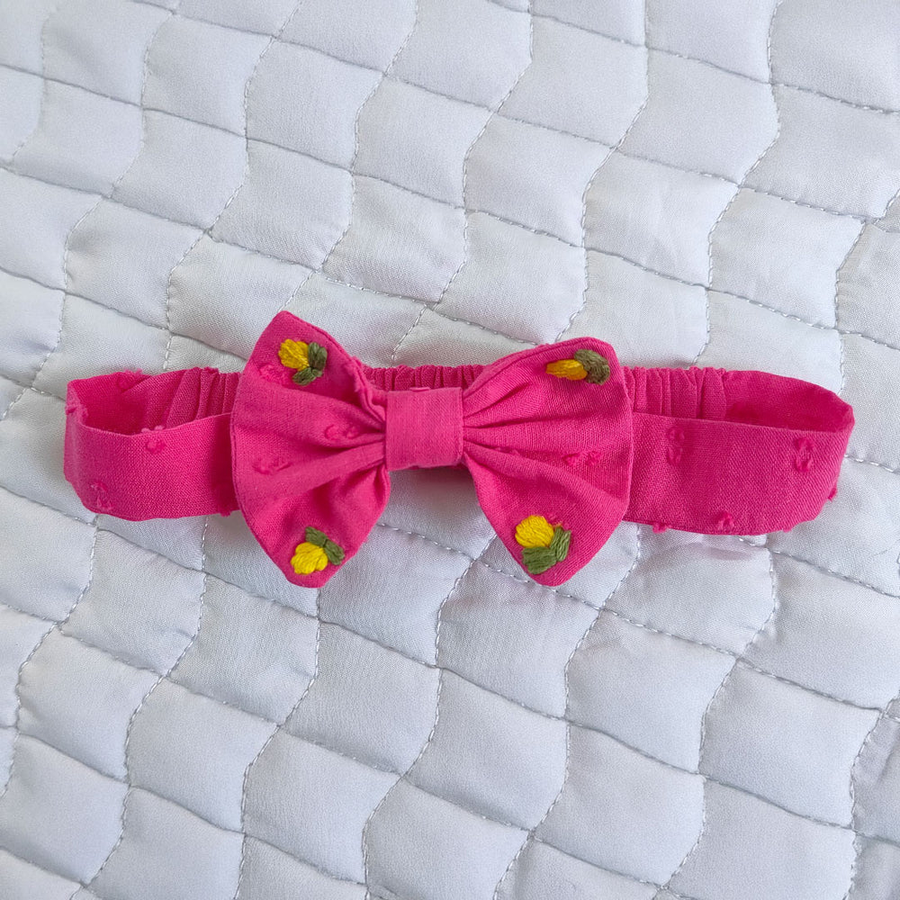 Embroidered Hot Pink Pocket Dress and Accessory Set - Yellow Flowers