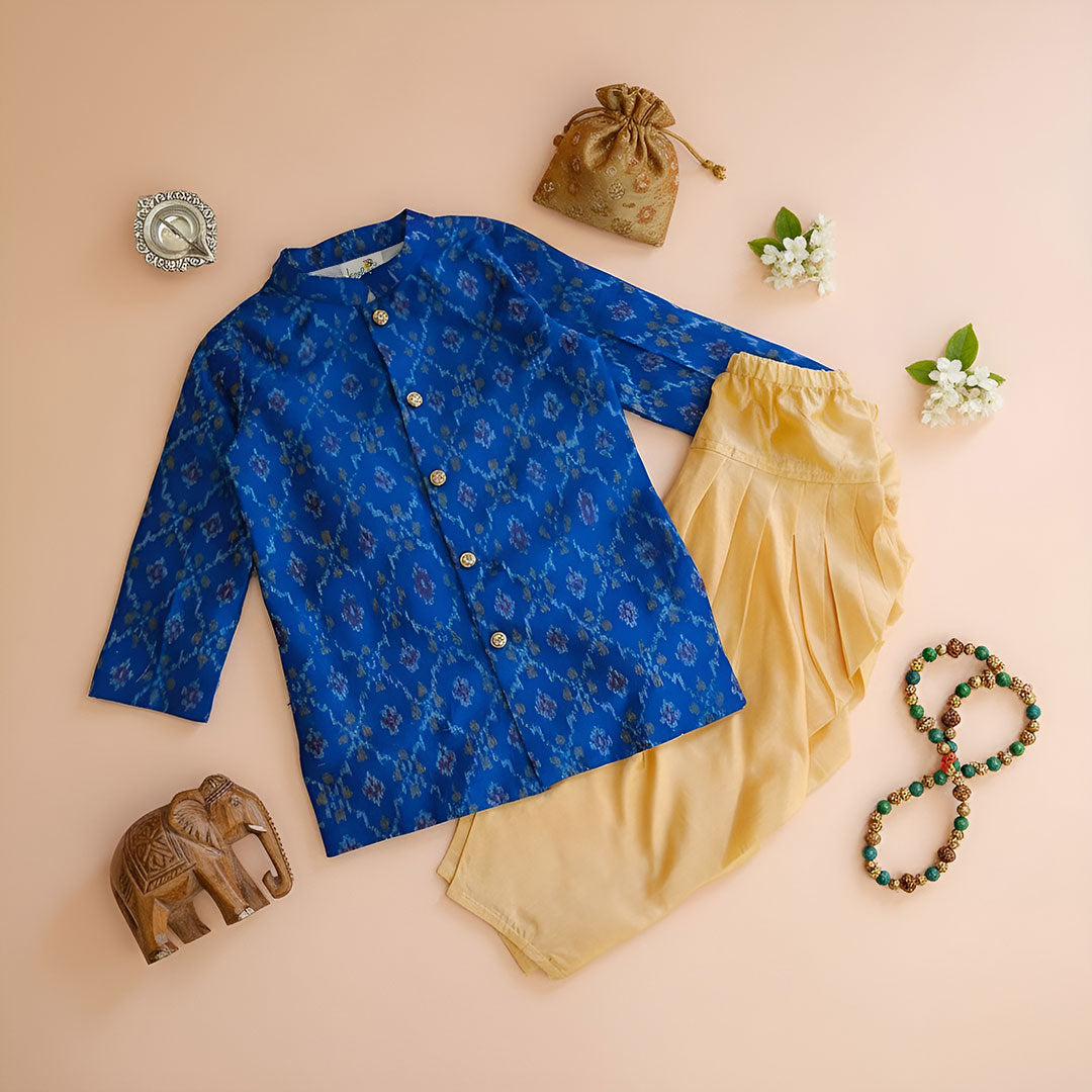 Keebee Pure Silk Blue Ikat Kurta and Golden Yellow Dhoti Salwar Pants Set