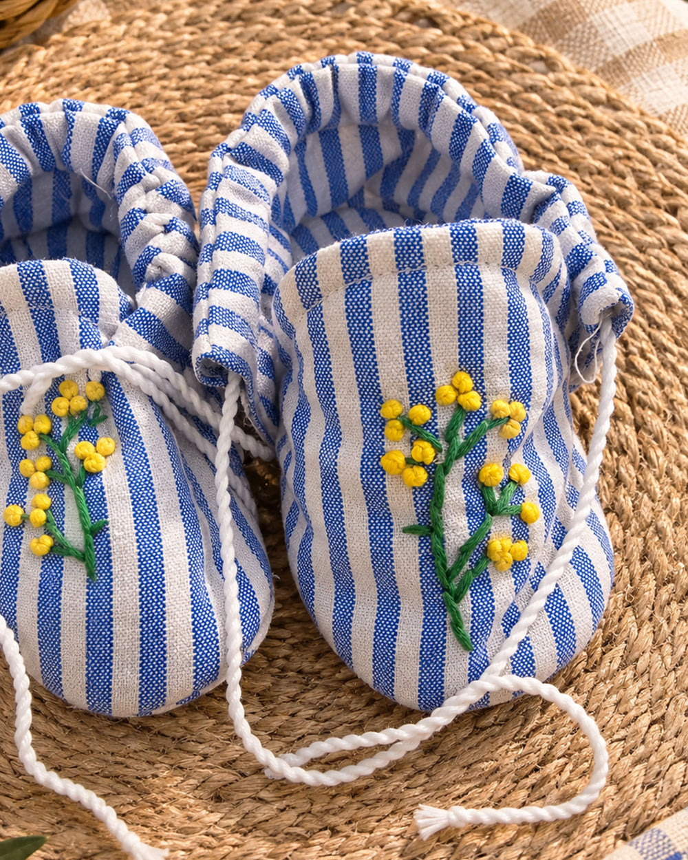 Baby Unisex Embroidered Blue and White Tie-Up Style Baby Booties – Yellow Flowers