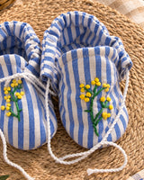 Baby Unisex Embroidered Blue and White Tie-Up Style Baby Booties – Yellow Flowers