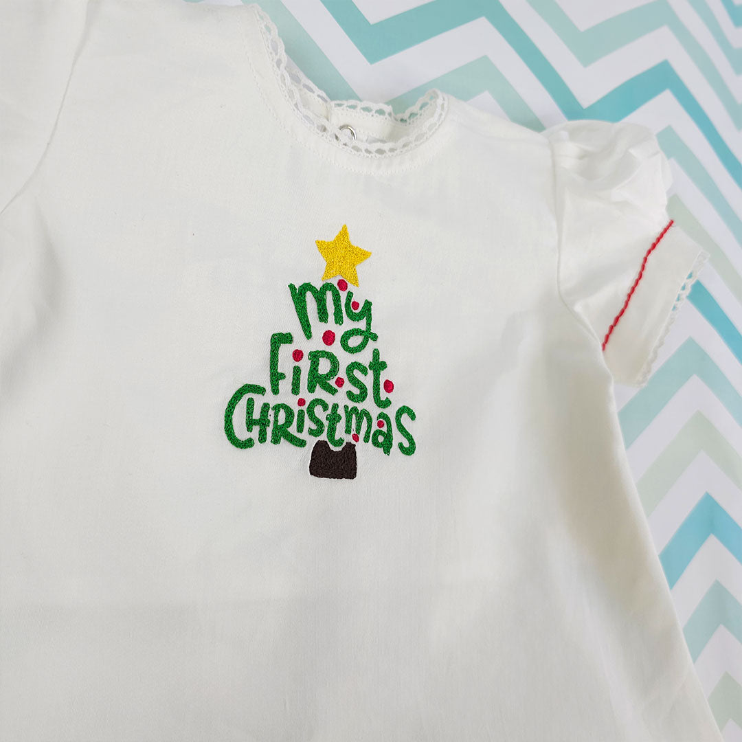 Keebee Organic Cotton Embroidered Baby Girl White Puff Sleeve Dress - 'My First Christmas'