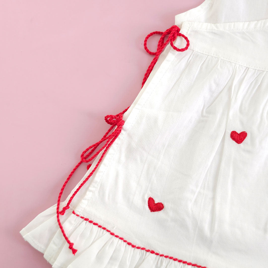 Keebee Organic Cotton Baby Girl Embroidered White Dress and Accessories Set - Red Heart