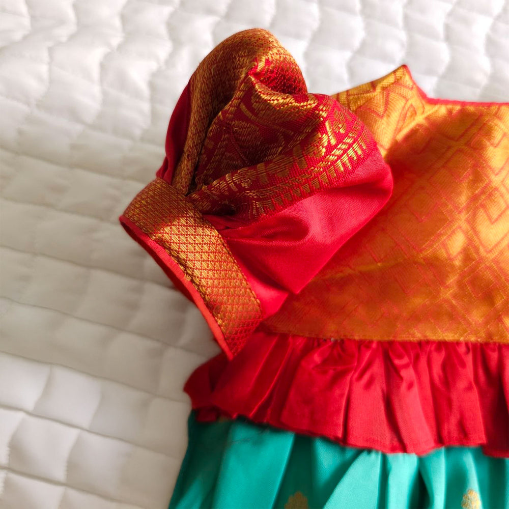 Baby Girl Handloom Raw Silk Ethnic Maxi Dress and Accessories Set - Red and Green