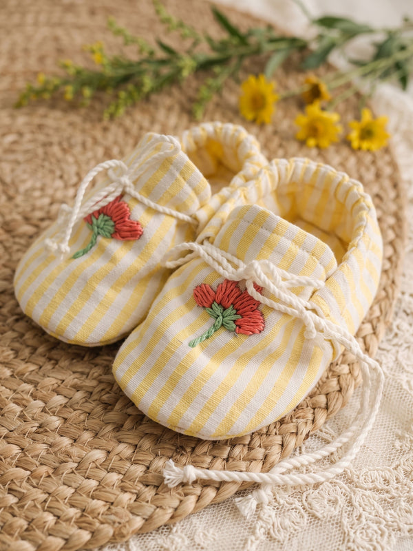 Baby Girl Embroidered Yellow and White Tie-Up Style Baby Booties – Little Red Flower