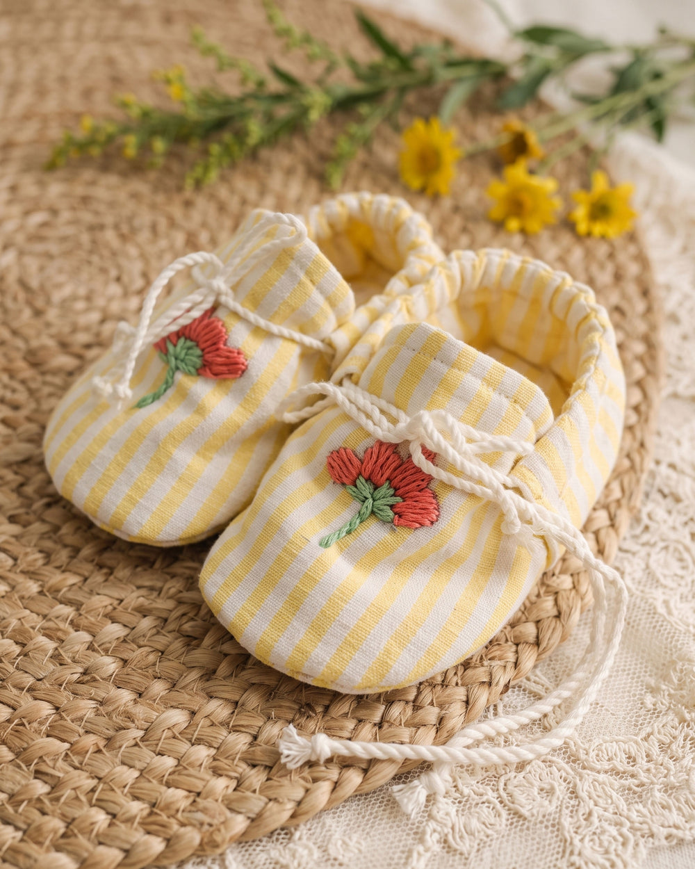 Baby Girl Embroidered Yellow and White Tie-Up Style Baby Booties – Little Red Flower