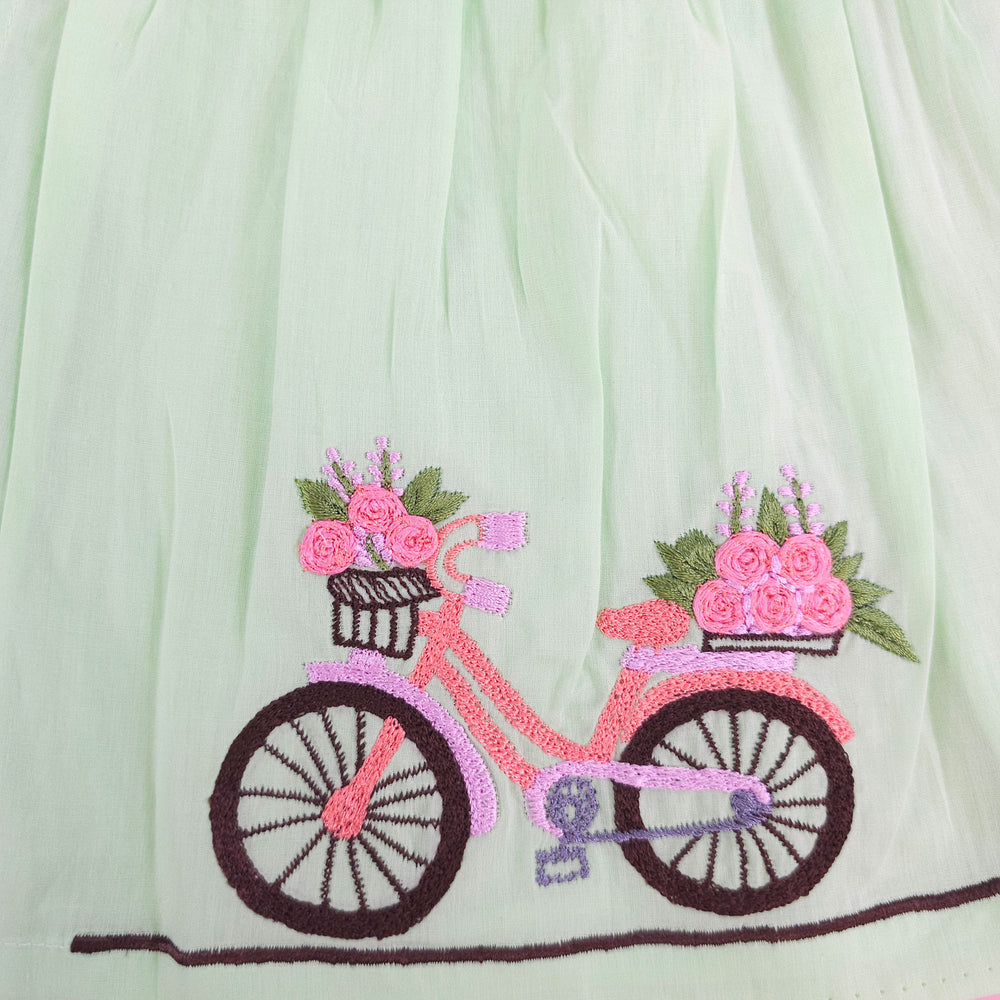 Keebee Organic Cotton Embroidered Green Overlap Dress - Bicycle