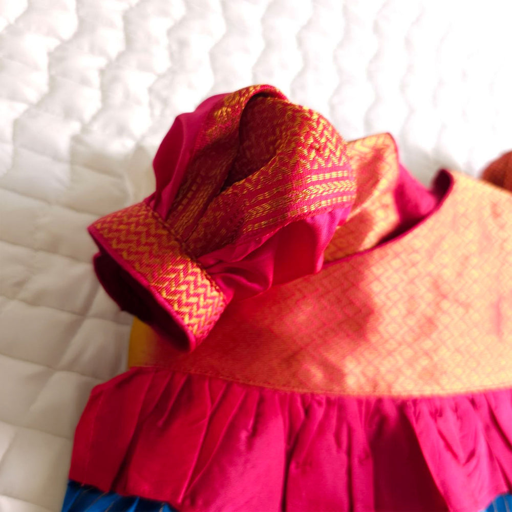 Baby Girl Handloom Raw Silk Ethnic Maxi Dress and Accessories Set - Pink and Blue