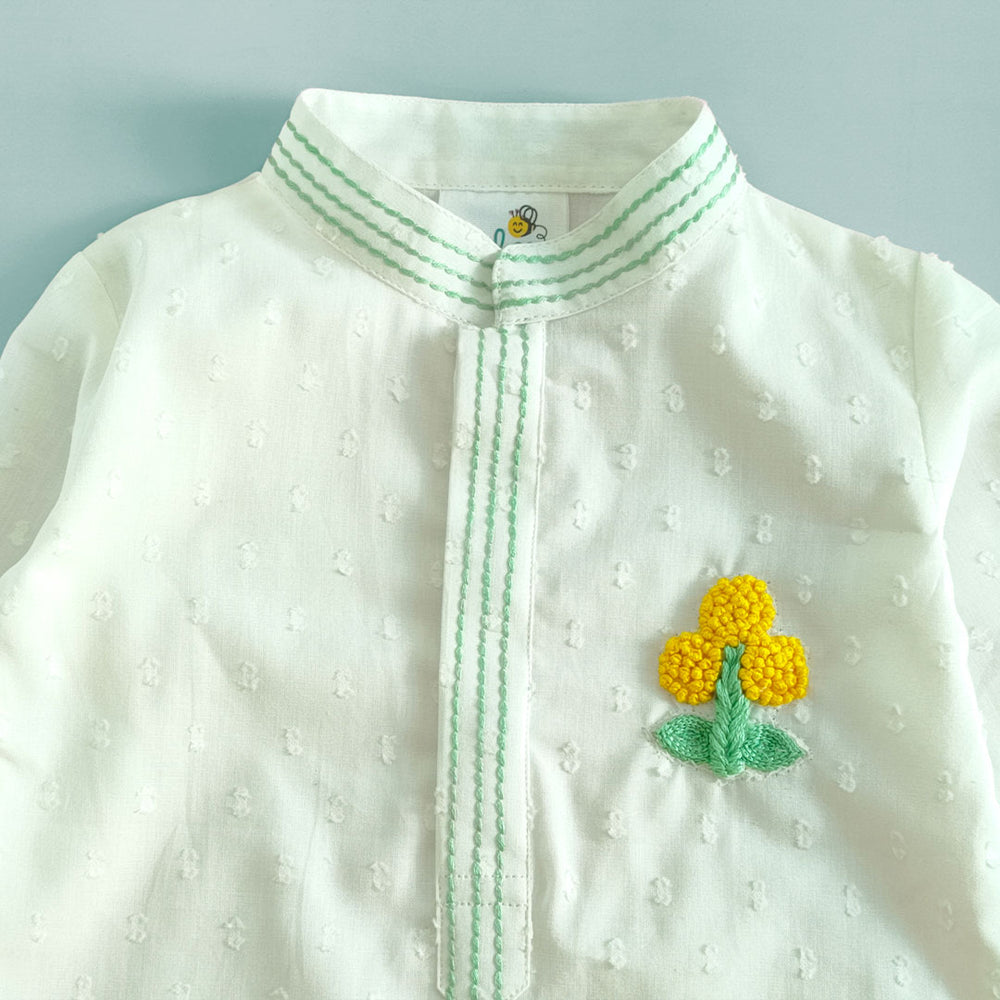 Boys Embroidered White Kurta paired with Pajama Pants - Marigold