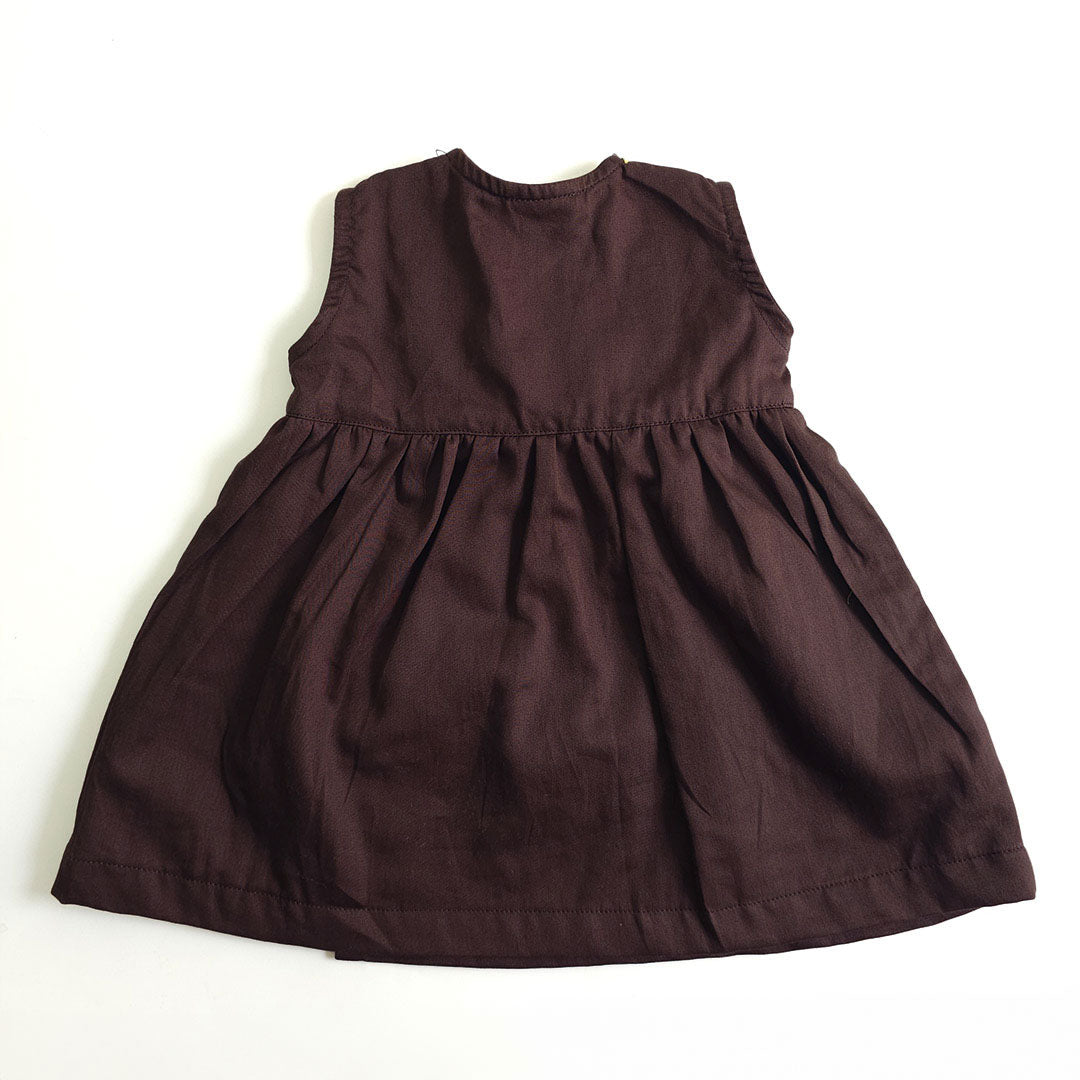 Keebee Organic Cotton Baby Girl Embroidered Choco Brown Overlap Dress and Accessories Set - Sunflower Garden